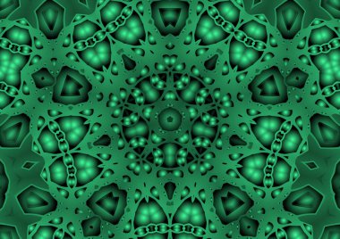 Dijital illüstrasyon, geometrik soyut renkli kaleydoskop simetrik desen ve gradyan etkisi. Klasik güzel dekoratif yeşil arkaplan