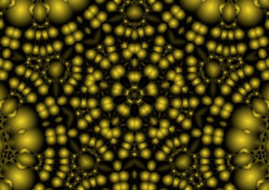 Dijital illüstrasyon, geometrik soyut renkli kaleydoskop simetrik desen ve gradyan etkisi. Klasik güzel dekoratif sarı arkaplan