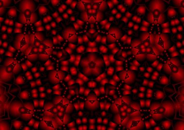 Dijital illüstrasyon, geometrik soyut renkli kaleydoskop simetrik desen ve gradyan etkisi. Klasik güzel dekoratif kırmızı arkaplan