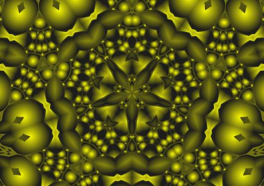 Dijital illüstrasyon, geometrik soyut renkli kaleydoskop simetrik desen ve gradyan etkisi. Klasik güzel dekoratif sarı arkaplan