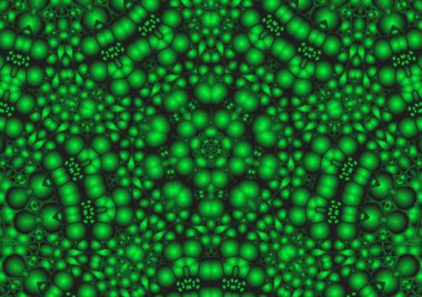 Dijital illüstrasyon, geometrik soyut renkli kaleydoskop simetrik desen ve gradyan etkisi. Klasik güzel dekoratif yeşil arkaplan