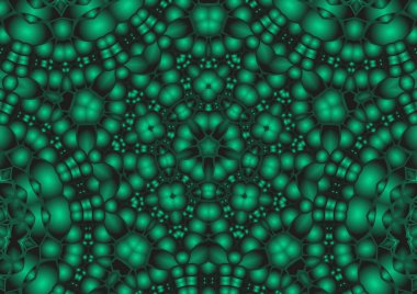 Dijital illüstrasyon, geometrik soyut renkli kaleydoskop simetrik desen ve gradyan etkisi. Klasik güzel dekoratif yeşil arkaplan