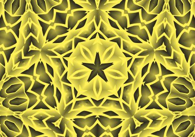 Dijital illüstrasyon, geometrik soyut renkli kaleydoskop simetrik desen ve gradyan etkisi. Klasik güzel dekoratif sarı arkaplan