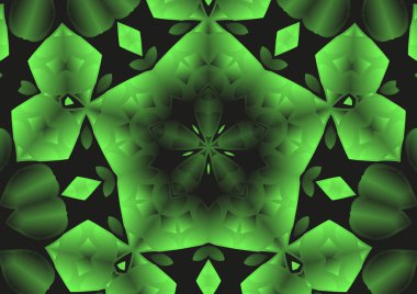 Dijital illüstrasyon, geometrik soyut renkli kaleydoskop simetrik desen ve gradyan etkisi. Klasik güzel dekoratif yeşil arkaplan