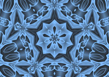 Dijital illüstrasyon, geometrik soyut renkli kaleydoskop simetrik desen ve gradyan etkisi. Klasik güzel dekoratif mavi arkaplan