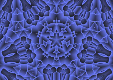 Dijital illüstrasyon, geometrik soyut renkli kaleydoskop simetrik desen ve gradyan etkisi. Klasik güzel dekoratif mavi arkaplan