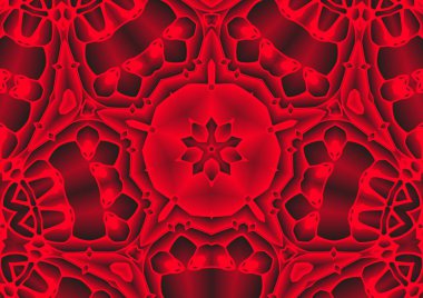 Dijital illüstrasyon, geometrik soyut renkli kaleydoskop simetrik desen ve gradyan etkisi. Klasik güzel dekoratif kırmızı arkaplan