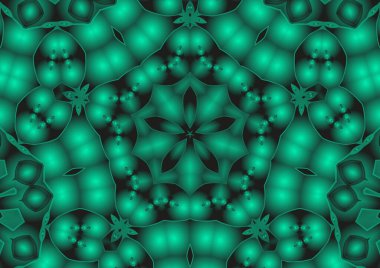 Dijital illüstrasyon, geometrik soyut renkli kaleydoskop simetrik desen ve gradyan etkisi. Klasik güzel dekoratif yeşil arkaplan