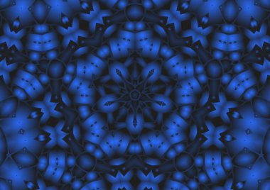 Dijital illüstrasyon, geometrik soyut renkli kaleydoskop simetrik desen ve gradyan etkisi. Klasik güzel dekoratif mavi arkaplan