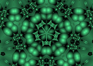 Dijital illüstrasyon, geometrik soyut renkli kaleydoskop simetrik desen ve gradyan etkisi. Klasik güzel dekoratif yeşil arkaplan