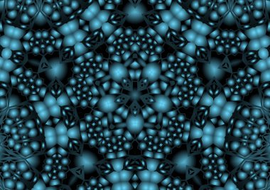 Dijital illüstrasyon, geometrik soyut renkli kaleydoskop simetrik desen ve gradyan etkisi. Klasik güzel dekoratif mavi arkaplan