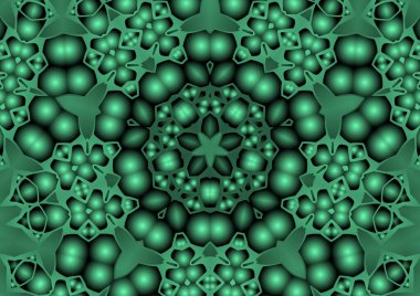 Dijital illüstrasyon, geometrik soyut renkli kaleydoskop simetrik desen ve gradyan etkisi. Klasik güzel dekoratif yeşil arkaplan
