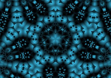 Dijital illüstrasyon, geometrik soyut renkli kaleydoskop simetrik desen ve gradyan etkisi. Klasik güzel dekoratif mavi arkaplan