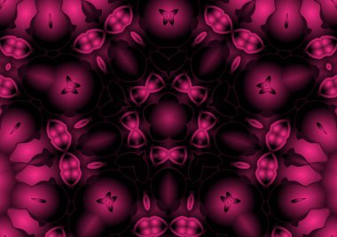 Dijital illüstrasyon, geometrik soyut renkli kaleydoskop simetrik desen ve gradyan etkisi. Klasik güzel dekoratif kırmızı arkaplan