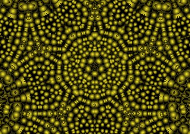 Dijital illüstrasyon, geometrik soyut renkli kaleydoskop simetrik desen ve gradyan etkisi. Klasik güzel dekoratif sarı arkaplan