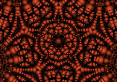 Dijital illüstrasyon, geometrik soyut renkli kaleydoskop simetrik desen ve gradyan etkisi. Klasik güzel dekoratif kırmızı arkaplan