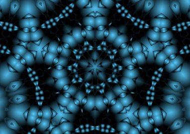 Dijital illüstrasyon, geometrik soyut renkli kaleydoskop simetrik desen ve gradyan etkisi. Klasik güzel dekoratif mavi arkaplan