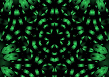 Dijital illüstrasyon, geometrik soyut renkli kaleydoskop simetrik desen ve gradyan etkisi. Klasik güzel dekoratif yeşil arkaplan