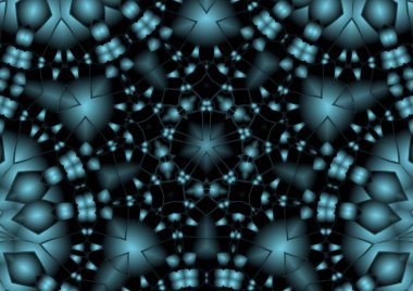 Dijital illüstrasyon, geometrik soyut renkli kaleydoskop simetrik desen ve gradyan etkisi. Klasik güzel dekoratif mavi arkaplan