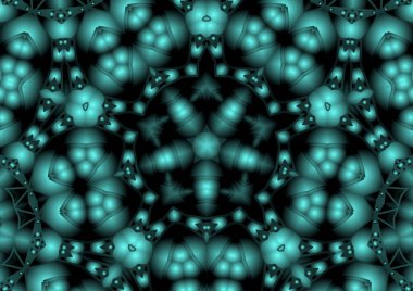 Dijital illüstrasyon, geometrik soyut renkli kaleydoskop simetrik desen ve gradyan etkisi. Klasik güzel dekoratif mavi arkaplan