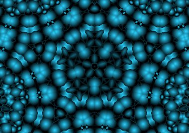 Dijital illüstrasyon, geometrik soyut renkli kaleydoskop simetrik desen ve gradyan etkisi. Klasik güzel dekoratif mavi arkaplan