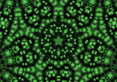 Dijital illüstrasyon, geometrik soyut renkli kaleydoskop simetrik desen ve gradyan etkisi. Klasik güzel dekoratif yeşil arkaplan