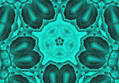 Dijital illüstrasyon, geometrik soyut renkli kaleydoskop simetrik desen ve gradyan etkisi. Klasik güzel dekoratif mavi arkaplan