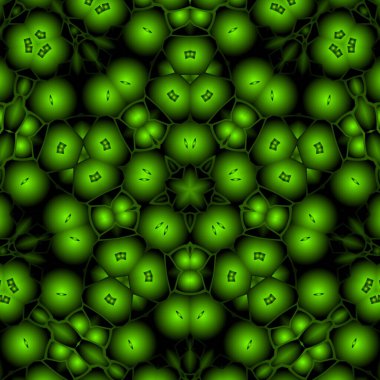 Dijital illüstrasyon, geometrik soyut renkli kaleydoskop simetrik desen ve gradyan etkisi. Klasik güzel dekoratif yeşil arkaplan