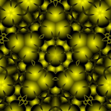 Dijital illüstrasyon, geometrik soyut renkli kaleydoskop simetrik desen ve gradyan etkisi. Klasik güzel dekoratif sarı arkaplan