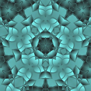 Dijital illüstrasyon, geometrik soyut renkli kaleydoskop simetrik desen ve gradyan etkisi. Klasik güzel dekoratif mavi arkaplan