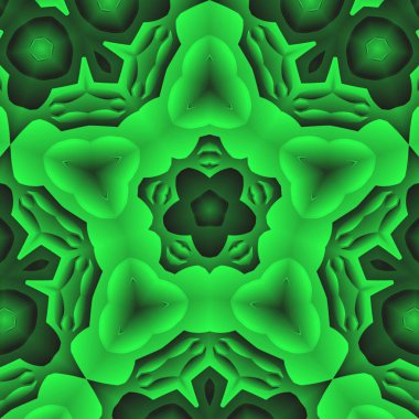 Dijital illüstrasyon, geometrik soyut renkli kaleydoskop simetrik desen ve gradyan etkisi. Klasik güzel dekoratif yeşil arkaplan