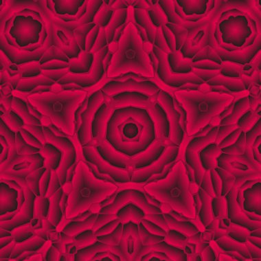 Dijital illüstrasyon, geometrik soyut renkli kaleydoskop simetrik desen ve gradyan etkisi. Klasik güzel dekoratif kırmızı arkaplan