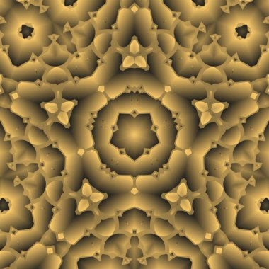 Dijital illüstrasyon, geometrik soyut renkli kaleydoskop simetrik desen ve gradyan etkisi. Klasik güzel dekoratif sarı arkaplan