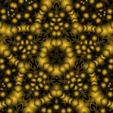 Dijital illüstrasyon, geometrik soyut renkli kaleydoskop simetrik desen ve gradyan etkisi. Klasik güzel dekoratif sarı arkaplan