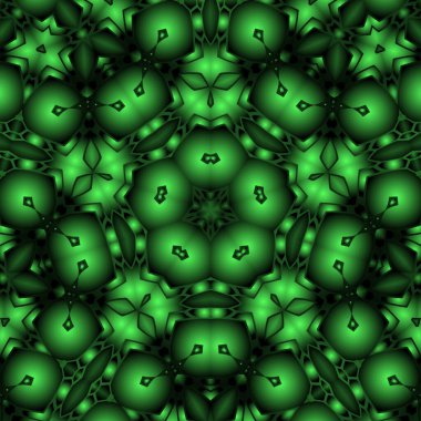Dijital illüstrasyon, geometrik soyut renkli kaleydoskop simetrik desen ve gradyan etkisi. Klasik güzel dekoratif yeşil arkaplan