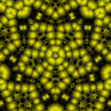 Dijital illüstrasyon, geometrik soyut renkli kaleydoskop simetrik desen ve gradyan etkisi. Klasik güzel dekoratif sarı arkaplan