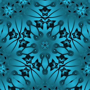 Dijital illüstrasyon, geometrik soyut renkli kaleydoskop simetrik desen ve gradyan etkisi. Klasik güzel dekoratif mavi arkaplan