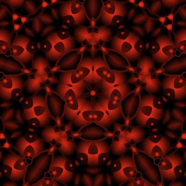 Dijital illüstrasyon, geometrik soyut renkli kaleydoskop simetrik desen ve gradyan etkisi. Klasik güzel dekoratif kırmızı arkaplan