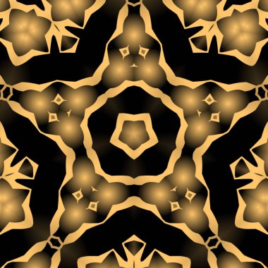 Dijital illüstrasyon, geometrik soyut renkli kaleydoskop simetrik desen ve gradyan etkisi. Klasik güzel dekoratif sarı arkaplan