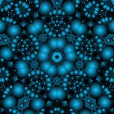 Dijital illüstrasyon, geometrik soyut renkli kaleydoskop simetrik desen ve gradyan etkisi. Klasik güzel dekoratif mavi arkaplan