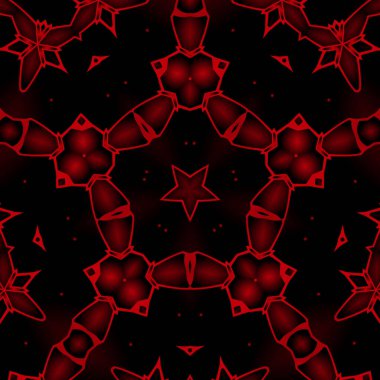 Dijital illüstrasyon, geometrik soyut renkli kaleydoskop simetrik desen ve gradyan etkisi. Klasik güzel dekoratif kırmızı arkaplan