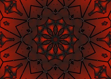 Dijital illüstrasyon, geometrik soyut renkli kaleydoskop simetrik desen ve gradyan etkisi. Klasik güzel dekoratif kırmızı arkaplan