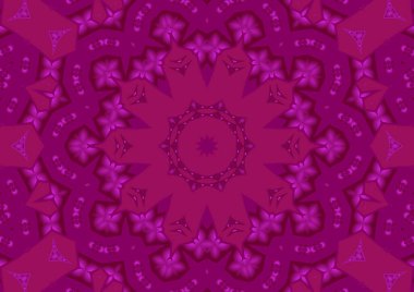 Dijital illüstrasyon, geometrik soyut renkli kaleydoskop simetrik desen ve gradyan etkisi. Klasik güzel dekoratif pembe arkaplan