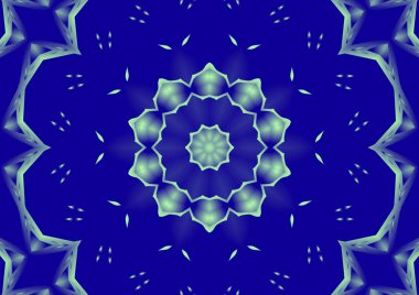 Dijital illüstrasyon, geometrik soyut renkli kaleydoskop simetrik desen ve gradyan etkisi. Klasik güzel dekoratif mavi arkaplan