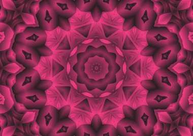 Dijital illüstrasyon, geometrik soyut renkli kaleydoskop simetrik desen ve gradyan etkisi. Klasik güzel dekoratif pembe arkaplan