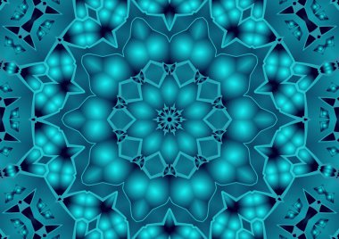 Dijital illüstrasyon, geometrik soyut renkli kaleydoskop simetrik desen ve gradyan etkisi. Klasik güzel dekoratif mavi arkaplan