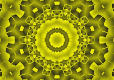 Dijital illüstrasyon, geometrik soyut renkli kaleydoskop simetrik desen ve gradyan etkisi. Klasik güzel dekoratif sarı arkaplan