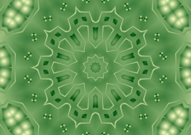 Dijital illüstrasyon, geometrik soyut renkli kaleydoskop simetrik desen ve gradyan etkisi. Klasik güzel dekoratif yeşil arkaplan
