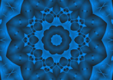 Dijital illüstrasyon, geometrik soyut renkli kaleydoskop simetrik desen ve gradyan etkisi. Klasik güzel dekoratif mavi arkaplan