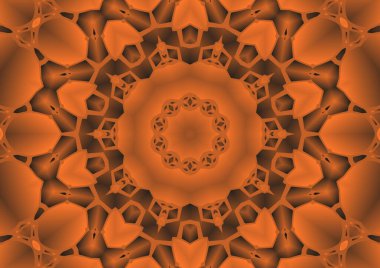 Dijital illüstrasyon, geometrik soyut renkli kaleydoskop simetrik desen ve gradyan etkisi. Klasik güzel dekoratif turuncu arka plan